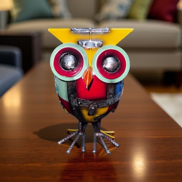 Brilliant Colorful Fused Metal Owl Made From Iron 5”x4” - Picture 1 of 7